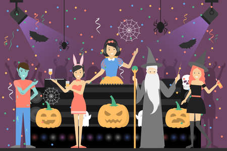Halloween party at club. People in different costumes having fun.のイラスト素材