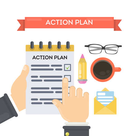Action plan concept illustration. Businessman with notebook, coffee and glasses. Time management.のイラスト素材