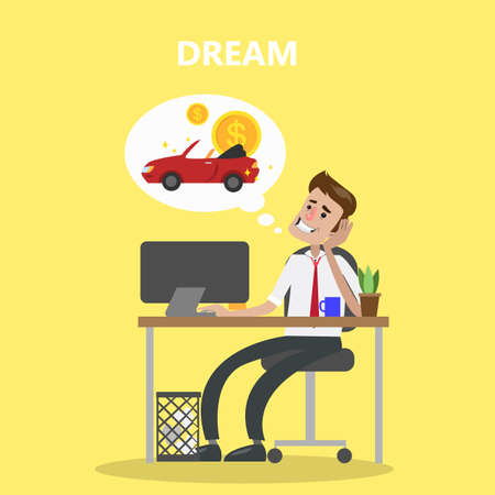 Businessman in office dreams of new red car and money stack.のイラスト素材
