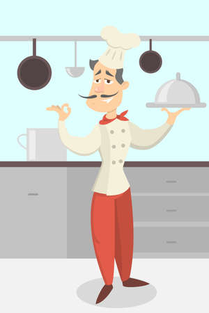 Italian male chef with big food plateのイラスト素材