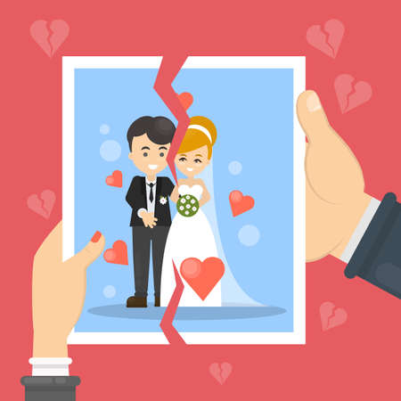Divorce concept illustration. Woman and man tear marriage photo.