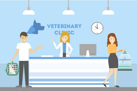 Vet clinic reception with patient, manager and animals.のイラスト素材