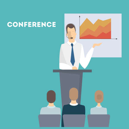 People at business conference. Speaker with data board and audience.のイラスト素材