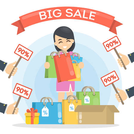Big sale illustration. Woman with shopping bags and price tags.のイラスト素材