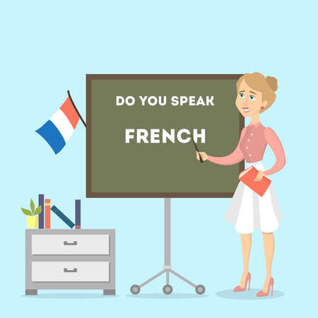Female french teacher in the classroom with chalkboard.のイラスト素材