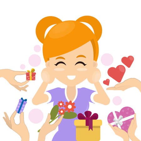 Woman with gifts. Hands giving present boxes, flowers and love to young smiling girl.のイラスト素材
