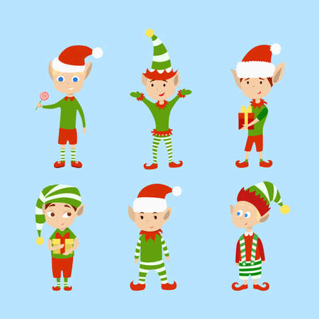 Christmas elves set. Funny cartoon creatures in green outfits.のイラスト素材
