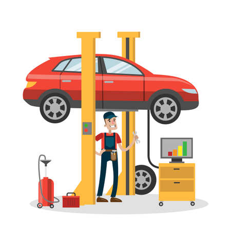 Mechanic repairing car in the service. Car on the lift.のイラスト素材