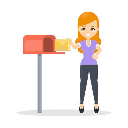 Woman sending letter using mailbox on white background.のイラスト素材
