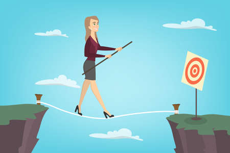 Businesswoman tightrope walker. Idea of risky and courage business.のイラスト素材