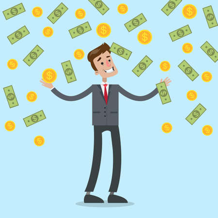 Money rain illustration. Businessman standing under money falling down.のイラスト素材