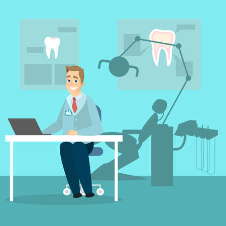 Male dentist at office with medical chair and equipment.のイラスト素材