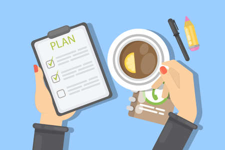 Business plan writing. Female hands creating plan. Coffee cup.のイラスト素材