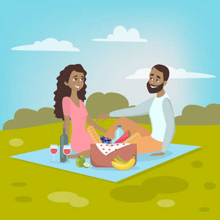 Couple at picnic. African american couple sitting in park on blanket with food.のイラスト素材
