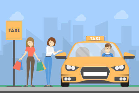 Women with taxi.のイラスト素材