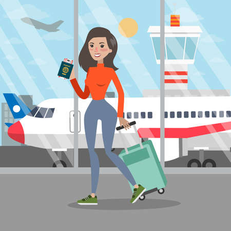 Woman at the airport walking with luggage, passport and tickets.のイラスト素材