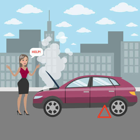 Woman with broken car's engine asking for help on the road.のイラスト素材