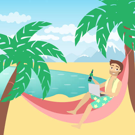 Freelance businessman on the beach relaxing and working.のイラスト素材