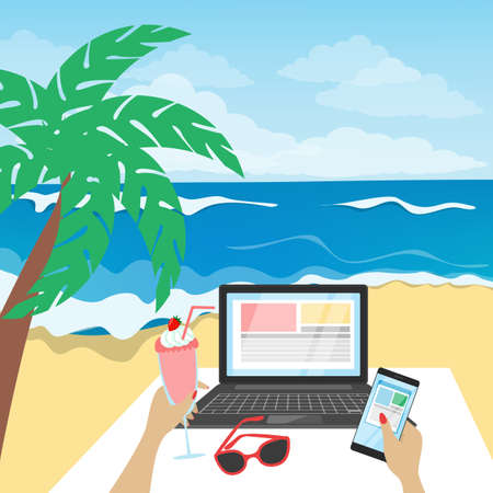 Freelance businesswoman working and relaxing on the beach.のイラスト素材