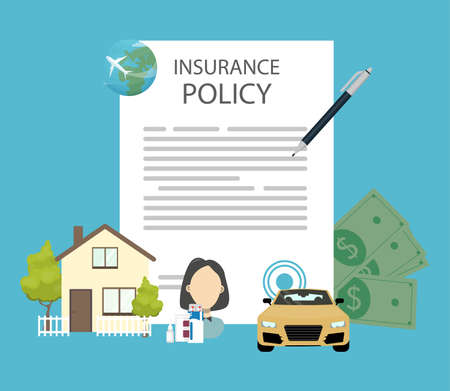 Insurance policy document with pen and icons.のイラスト素材