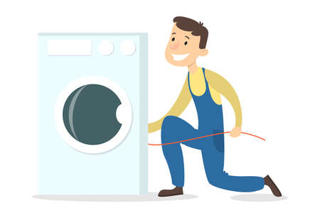 Isolated plumber man with washing machine on white background.のイラスト素材