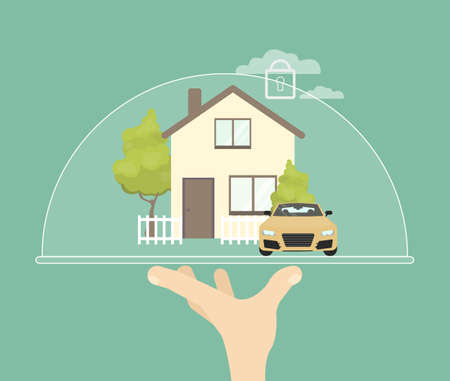 Home insurance safety. Hand holding house under protection.のイラスト素材