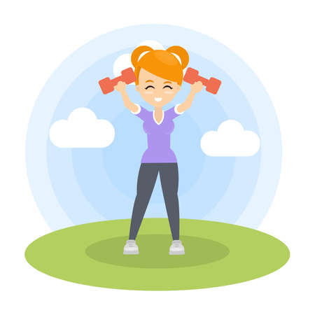 Woman doing fitness with dumbbells in the park.のイラスト素材