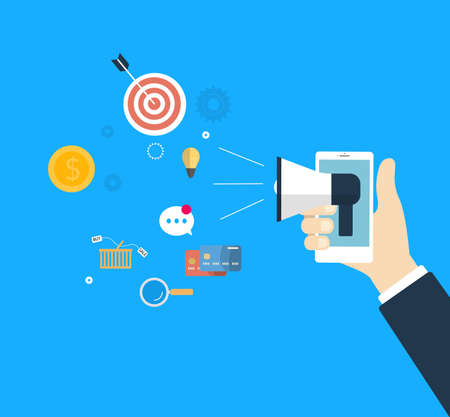 Social media marketing. Smartphone with megaphone and items.のイラスト素材