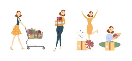 Shopping woman set on white with gift boxes and trolley.のイラスト素材