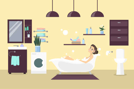 Woman in bathroom relaxing in bathtub. Bathroom interior with mirror and sink.のイラスト素材