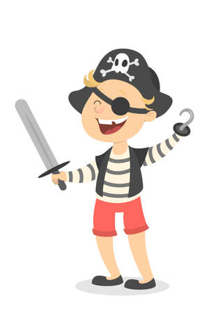 Isolated pirate boy in costume with hat and sword.のイラスト素材