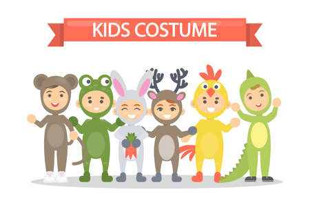 Kids costumes set. Babies in animal outfit. Deer and chicken, lizard and bear.のイラスト素材
