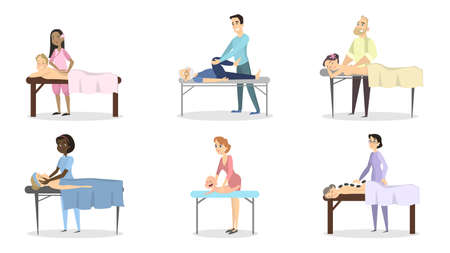 Massage therapy set. Doctors with patients as women, men and babies.のイラスト素材