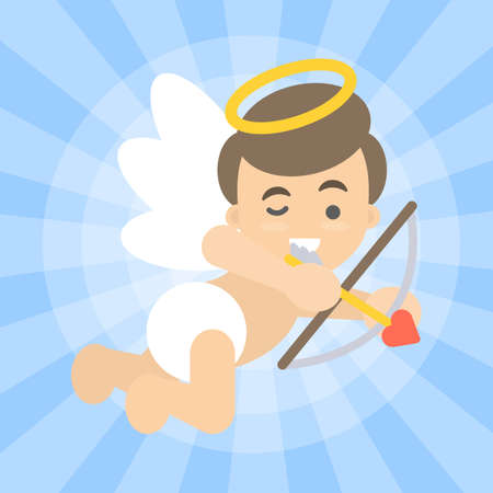 Isolated cupid man with arrow and bow aiming at heart.