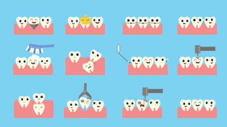 Teeth in mouth set. Broken and ill tooth, happy and healthy tooth.