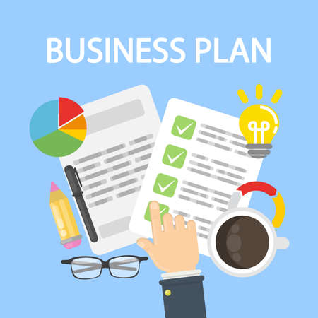 Business plan desk top view. Plan list with data and coffee cup.のイラスト素材