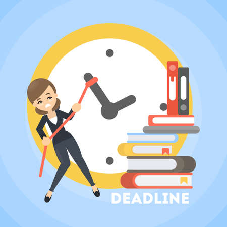 Businesswoman trying to delay deadline. Big clock.のイラスト素材