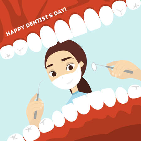 World dentist day. Woman doctor looking into the mouth with teeth.のイラスト素材