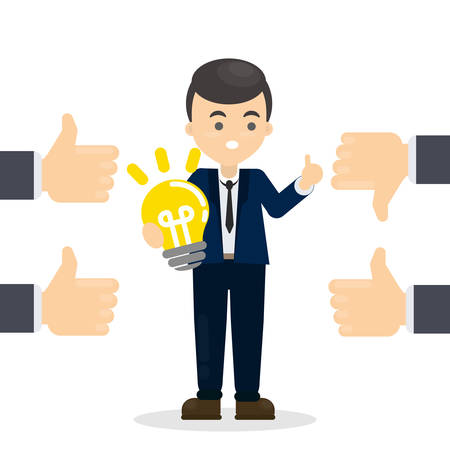 Businessman with idea lightbulb. Hands showing thumbs up and down.のイラスト素材