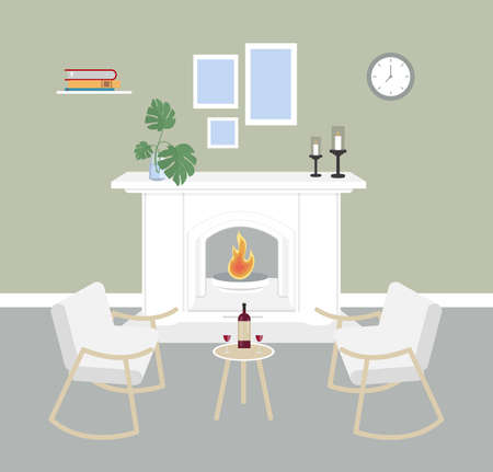 Fireplace at home with cozy armchairs and champagne.のイラスト素材