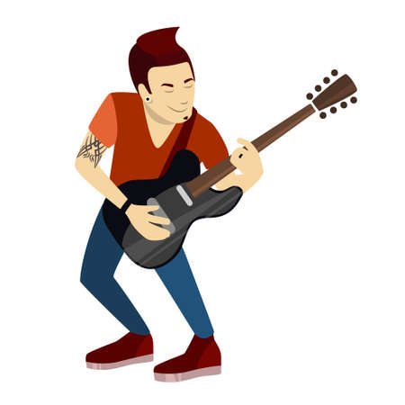 Isolated man musician with electric guitar on white.のイラスト素材