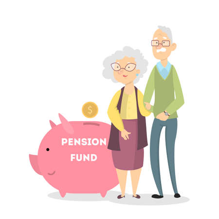 Pension fund concept. Grandparents with piggy bank and savings.のイラスト素材