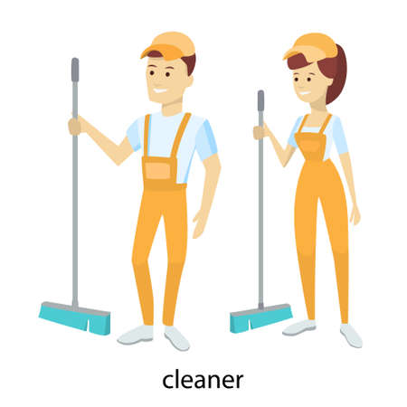 Isolated cleaners couple in unifrom with broom.のイラスト素材