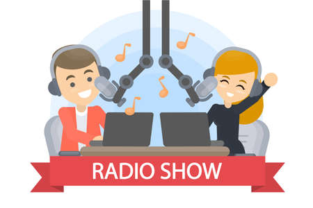 Radio show presenter with headset and microphones.のイラスト素材