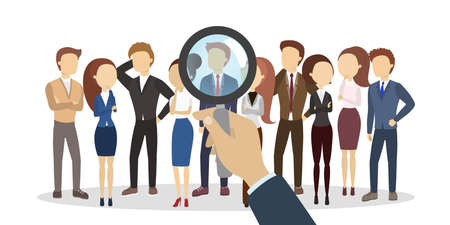 Searching for new staff from list with magnifying glass.のイラスト素材