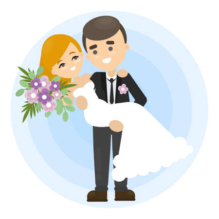 Isolated happy smiling wedding couple on cartoon illustration. Husband holding wife on hands.のイラスト素材