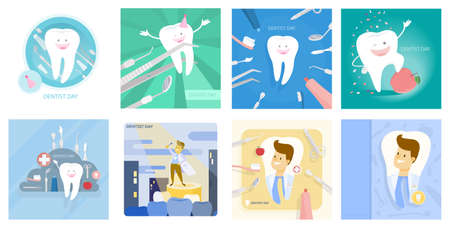Dentist day set. Happy cartoon tooth and doctor.のイラスト素材