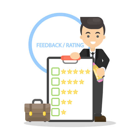 Man with feedback stars. Showing rating system.のイラスト素材