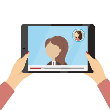 Tablet in hands. People on the screen. Online call.のイラスト素材