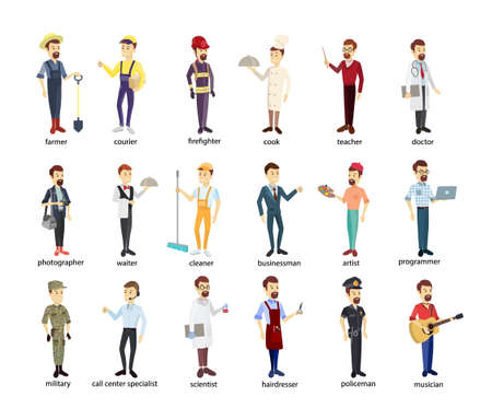 Profession men set. Police and firefighters, businessmen and doctors.のイラスト素材